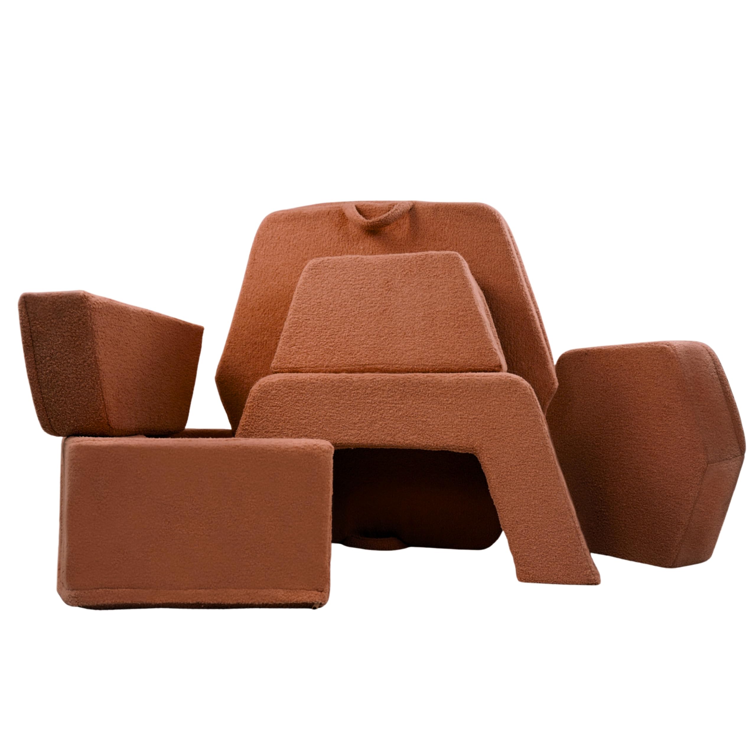 Flumi Kinderspielplatz aus Schaumstoff Montessori 6-teiliges Indoor Spielset, modulare Softbausteine für motorische Entwicklung mit waschbarem Bezug (braun Boucle)