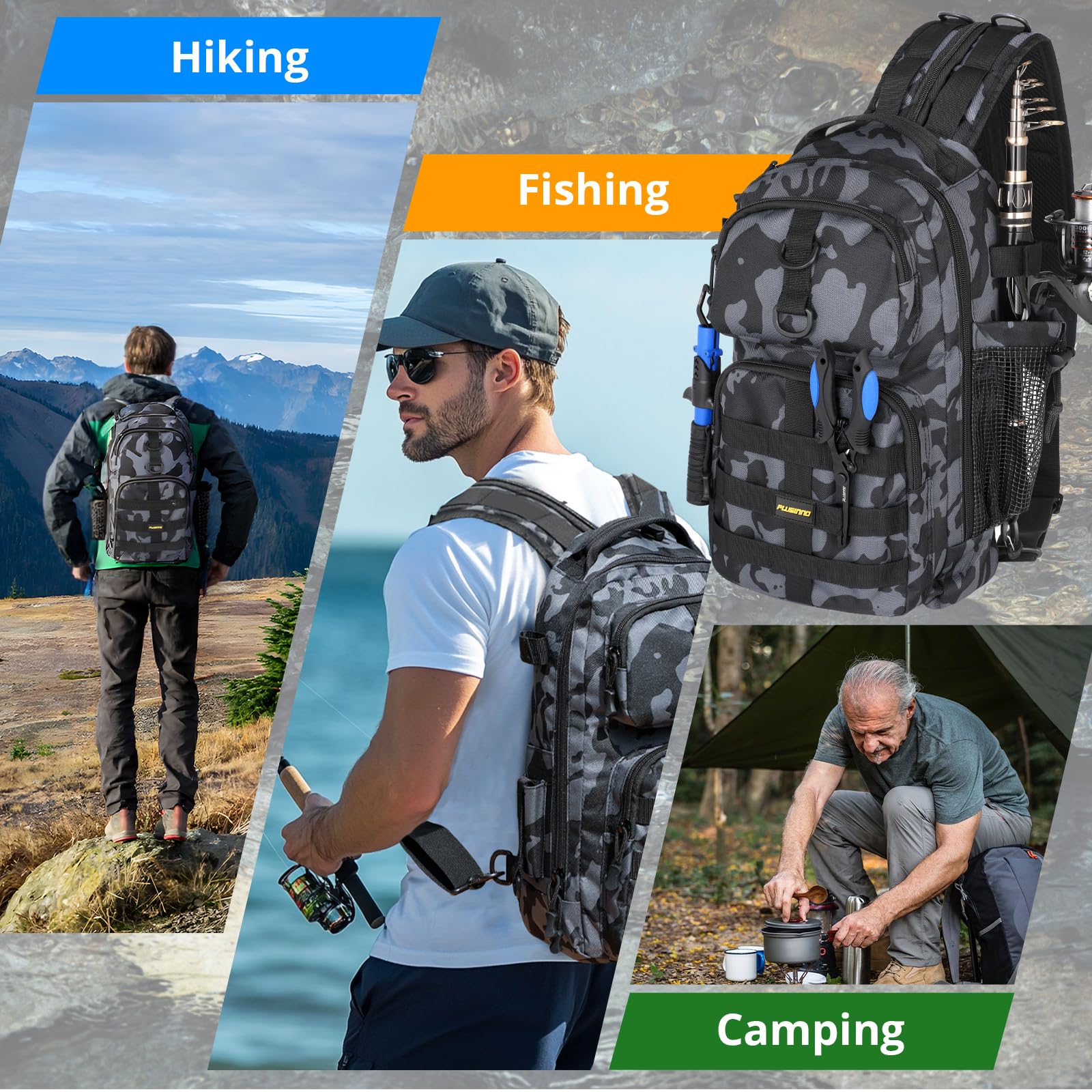 PLUSINNO Fishing Backpack with Tackle Boxes, Waterproof Sling Tackle Bag For Fishing Gear With Rod Holder,Gifts for Men