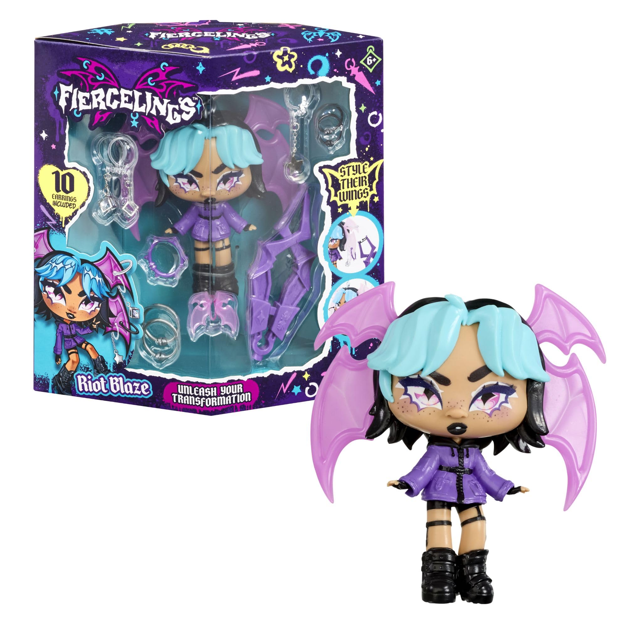 Goliath Fiercelings Riot Blaze | Style Their Wings & Collect Them All! Customizable Doll with 10 Earrings & Magic Piercing Tool Included | Gifts for Kids Ages 6+