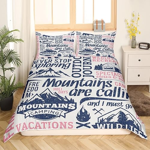 Miniatura 2 de Juego de funda de edredón con temática de aventura y campamento, tamaño Queen, lindo juego de ropa de cama con estampado de oso y montaña, 3 piezas,