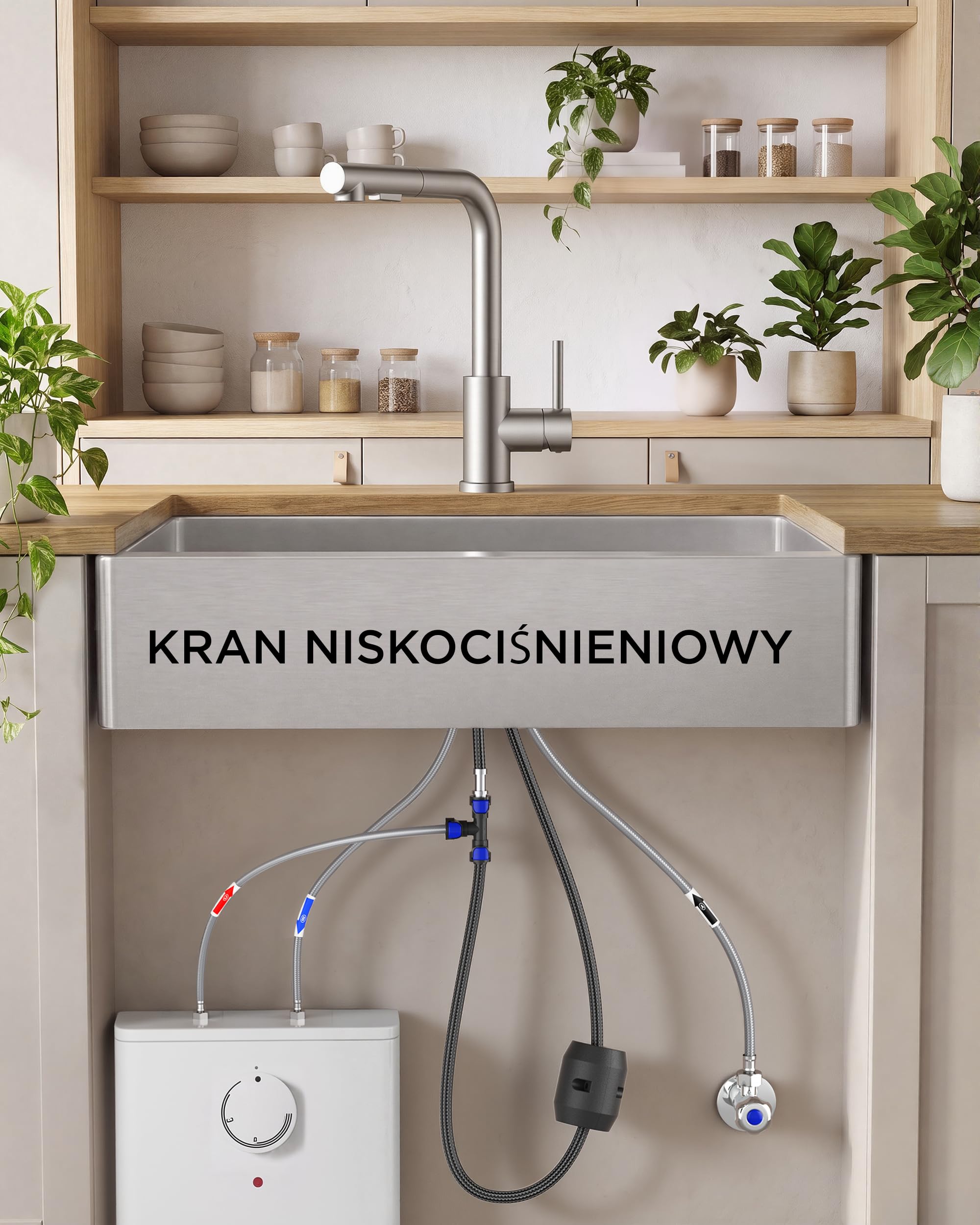 FORIOUS Kran Zlewozmywakowy Niskociśnieniowy w Kształcie L z Wyciąganą Wylewką, Bateria Kuchenna 3 Przyłącza do Bojlera, 2 Tryby Strumienia, Obrót 360°, Stal Nierdzewna