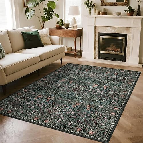 Alfombra de entrada floral de 4 x 6 pulgadas, color negro, verde, suave, lavable, estilo bohemio, para dormitorio, mesita de noche, resistente a las