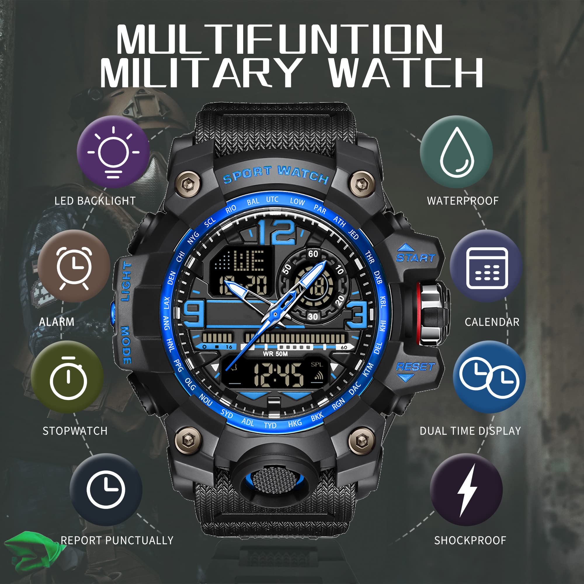 Reloj de pulsera militar grande para hombre, digital y analógico, 5 cajeros automáticos, impermeable, táctico para exteriores con despertador, fecha 12/24 horas, cronómetro LED, correa de silicona