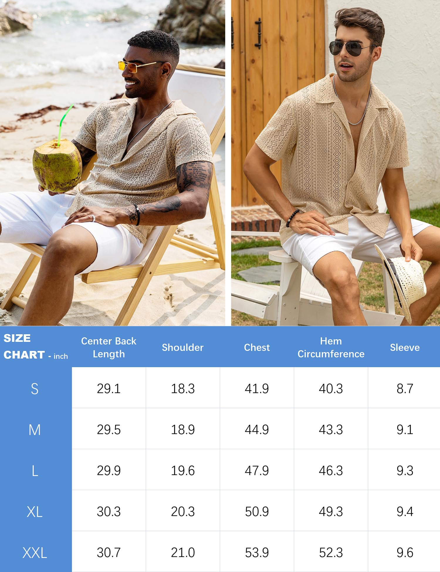 URRU Camisa de encaje floral para hombre, manga corta, con abertura, transparente, informal, con botones