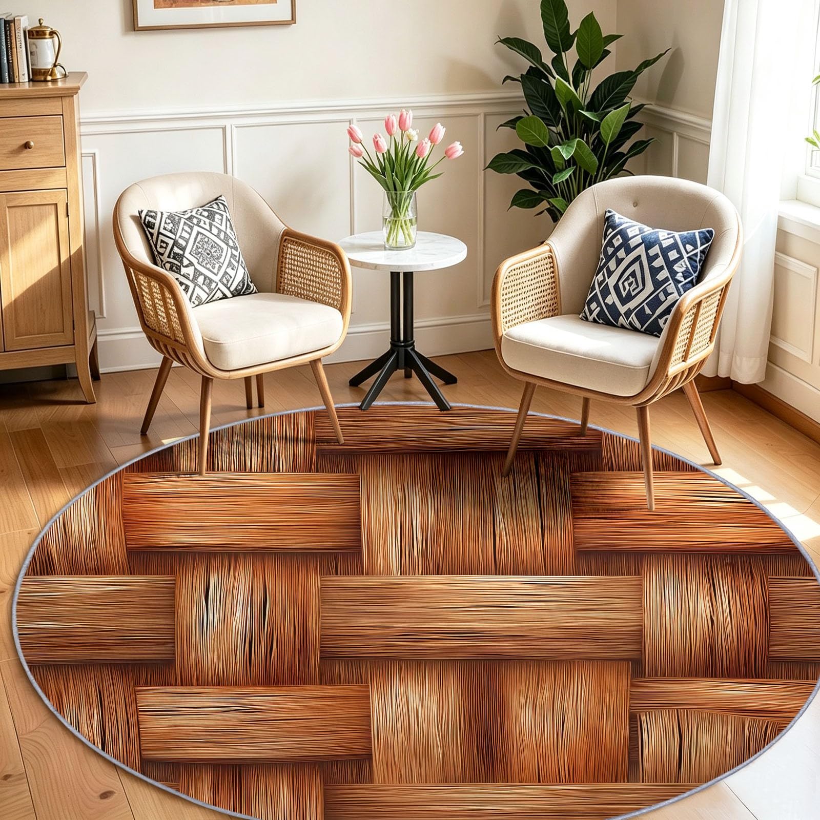 Tappeto rotondo lavabile, 200 cm, moderno, morbido, stampato, con venature del legno, a pelo corto, antiscivolo, per ingresso, soggiorno, camera da letto, accanto al divano e all'ufficio (marrone