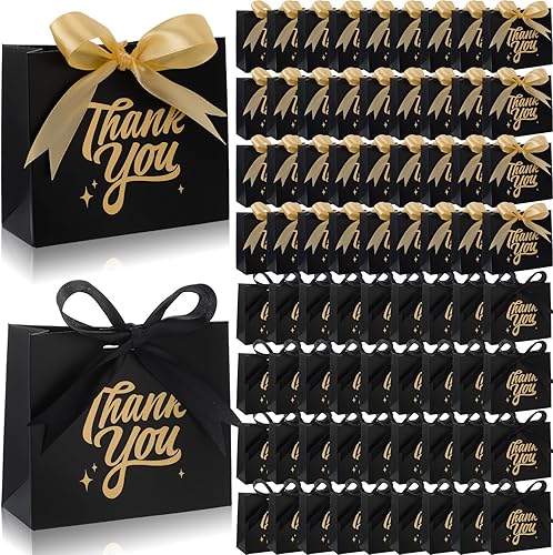 Paquete de 100 bolsas de regalo negras pequeñas de agradecimiento con lámina dorada impresa de 4.5 x 1.8 x 3.9 pulgadas, bolsas de papel con 2