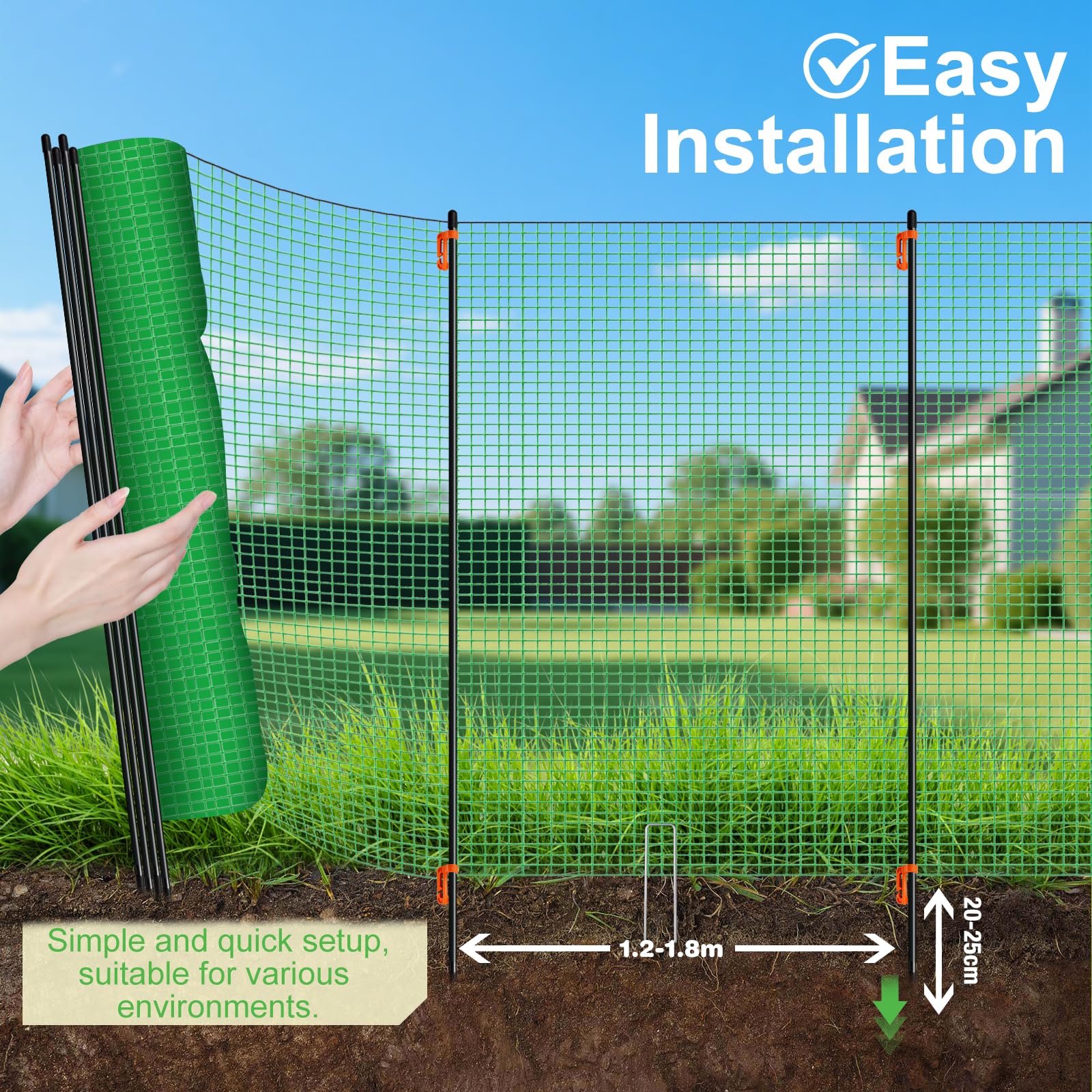 Mobiler Hundezaun 90 cm Höhe, PE-Zaunnetz mit massiven Fiberglasstangen, feinmaschig 1,7 × 1,7 cm, inkl. Fixierclips, für kleine und mittelgroße Hunde, Garten & Camping (HDPE-Netz · 90 cm, 20 m)