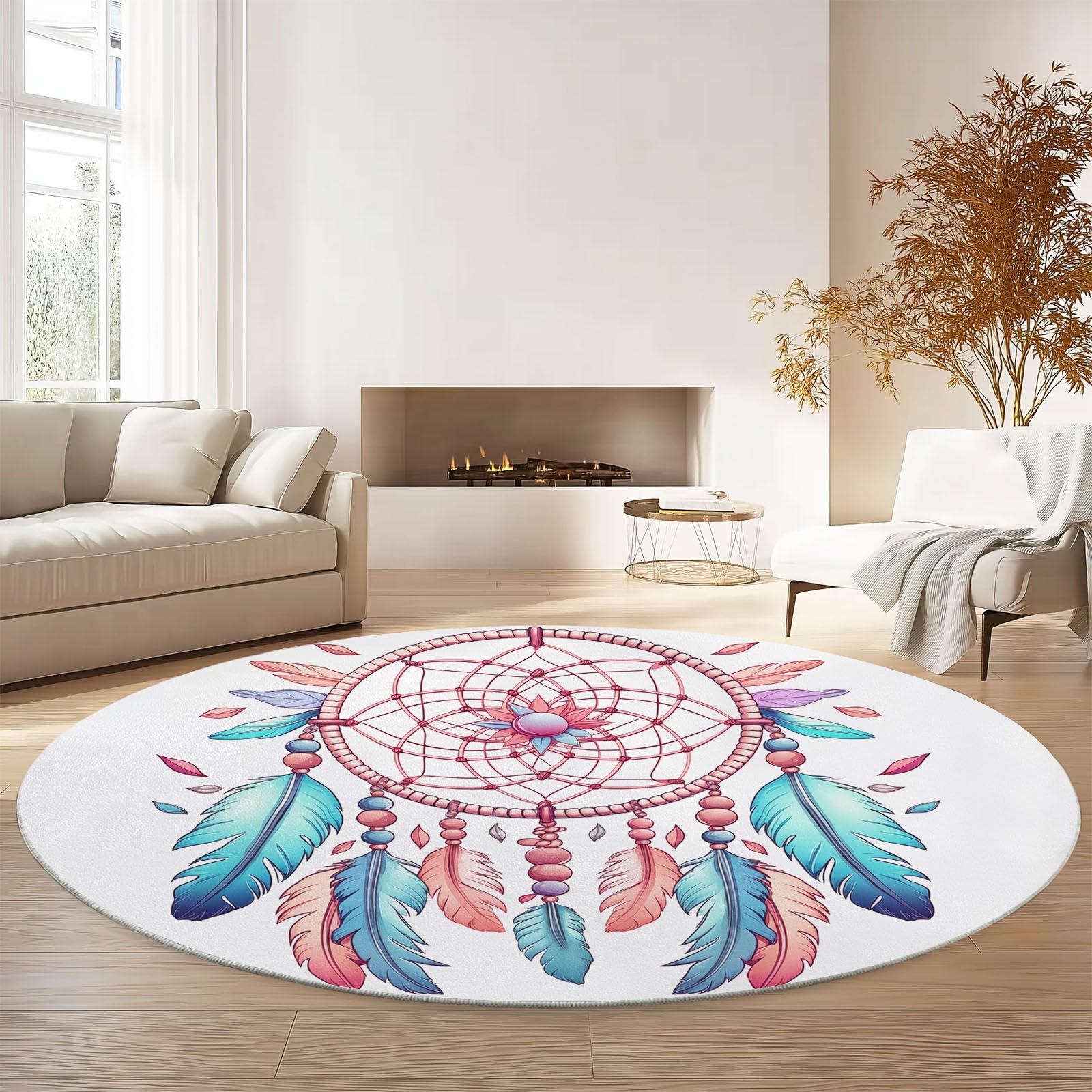 Rosa Cyan Rund Teppich Wohnzimmer, Aquarell Traumfänger Federn, 120 cm Großer Weich Kurzflor Teppich Waschbarer rutschfest Teppiche für Esszimmer Küchen Schlafzimmer Studie Heimbüro