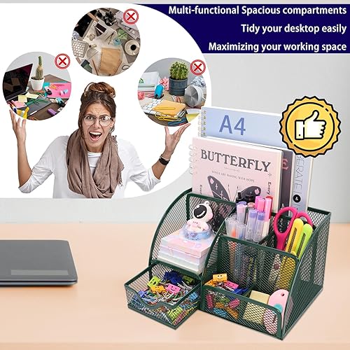Miniatura 10 de Boutilon Organizador de escritorio de malla, suministros de oficina, organizador estacionario con 6 compartimentos y 1 cajón, soporte multifuncional