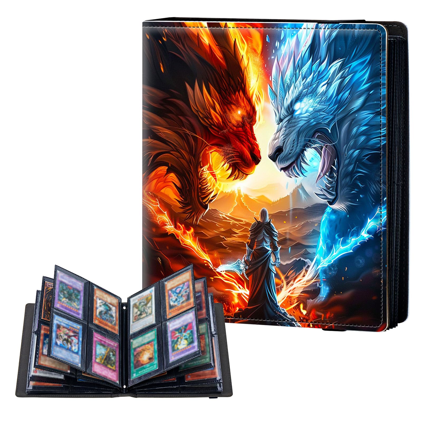 ETLKJVBL 4 Pocket Trading Card Binder, Card Collection Binder for TCG, MTG, Sports Cards, Baseball, Ice Dragon and Fire Dragon Trading Card Book Holder for Collectors, Top Loader Binder