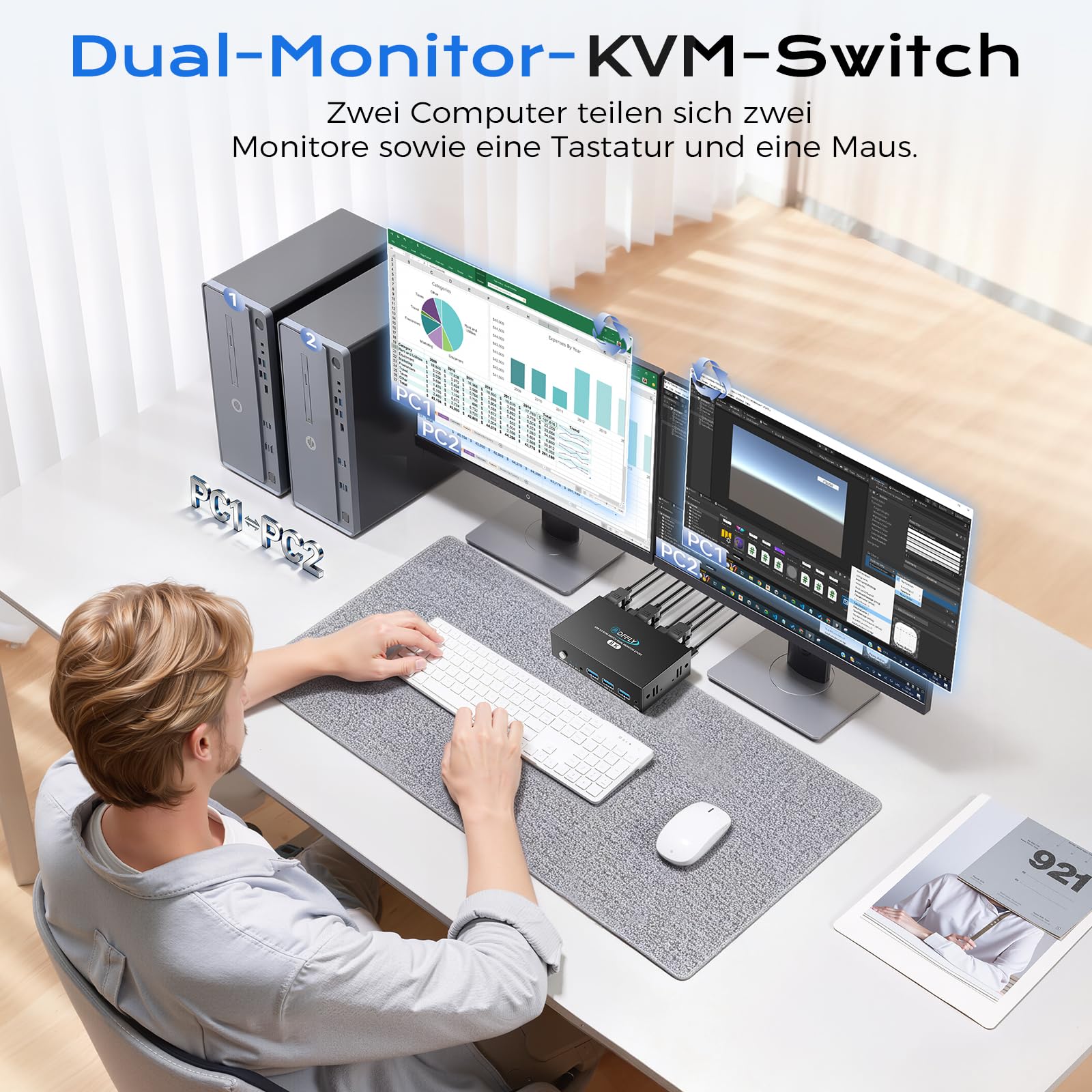 HDMI KVM Switch 2 PC 2 Monitor 8K@60 Hz 4K@120Hz, KVM Switch für 2 Computer Teilen 2 Monitor und 4 USB Geräte mit 2 USB 3.0 Kabeln und Desktop-Controller
