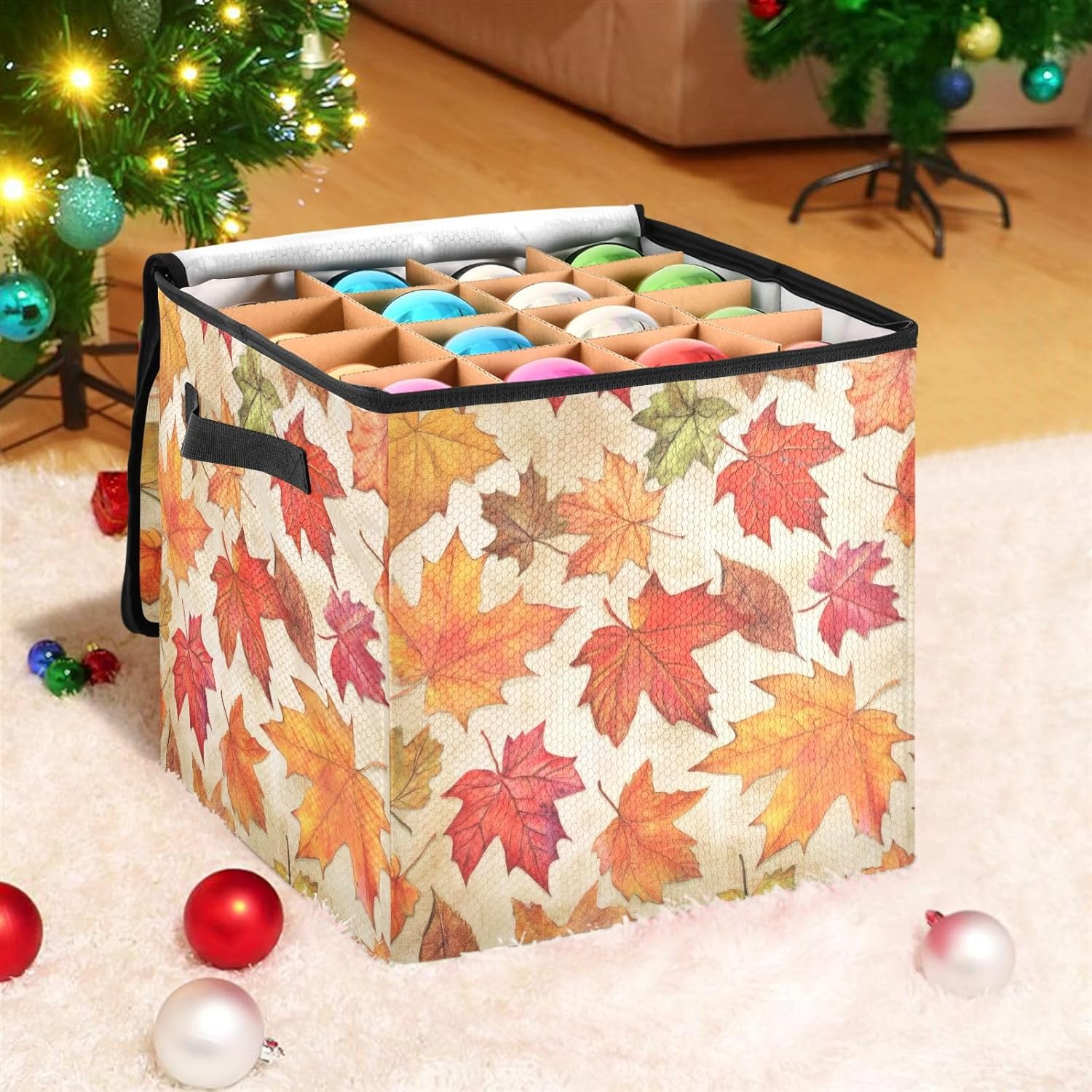 Fall Maple Leaves Christmas Ornament Storage Box Fit 64 Holiday Ornaments Storage Container with Dividers 4 Trays for Xmas Decorations Accessories