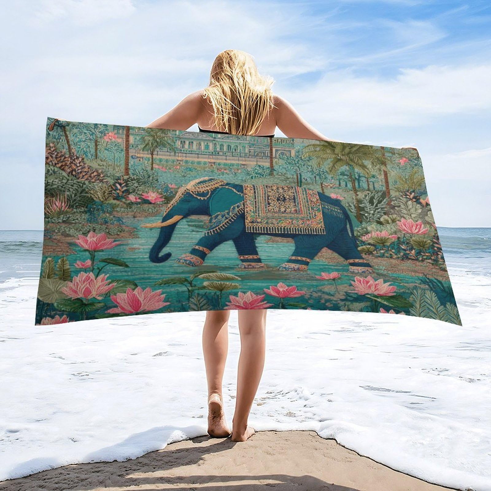 Luyysky Classic Realistic Indian Elephant Absorbent Beach Towel, Retro Bohimian Castle Animal Elephant Lotus Flowers Palm Tree Outdoor Single-Sided Velvet Beach Towel-80 W Cm X 160" L Cm