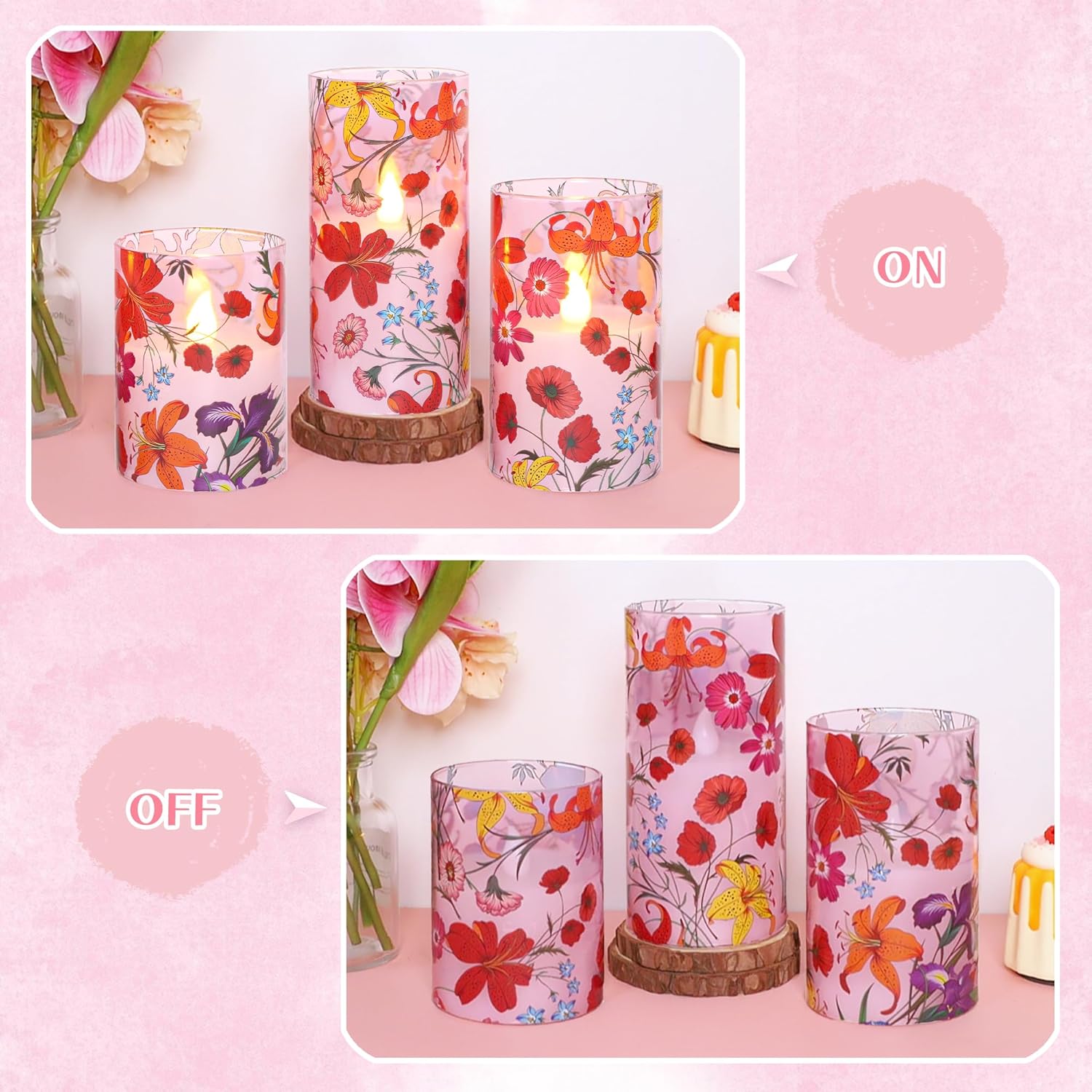 Pink Glass Flameless Candles with Remote Boho Floral Flickering LED Pillar Candles Battery Operated Timer Real Wax Candle Spring Summer for Home Party Wedding Romantic Night Christmas Decor Set of 3