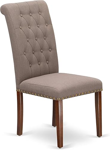 Miniatura 5 de East West Furniture BRP3T18 Bremond Parson - Juego de 2 sillas de cocina con botones y ribete copetudo, tela de lino marrón, acolchadas, color caoba