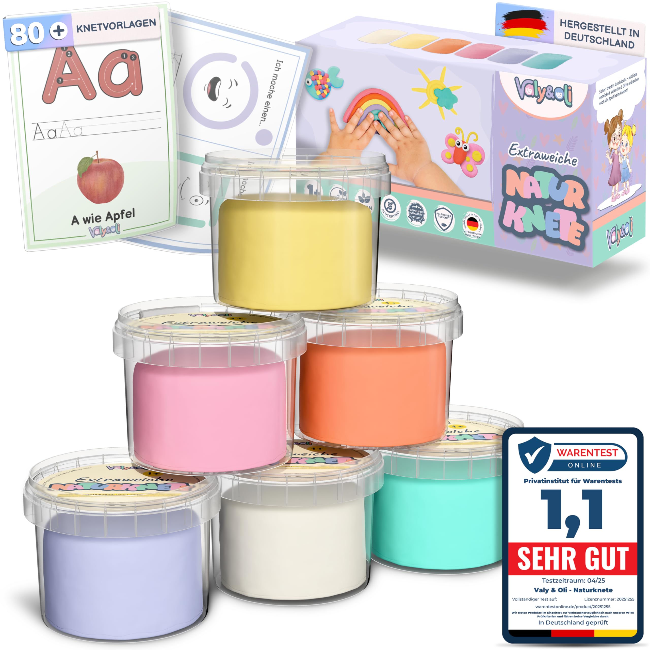 Valy&Oli® Knete - Extraweiche Vegane Kinderknete ab 1 2 3 Jahren [inkl. Knetvorlagen] Made in Germany - Sorglos Spielen - Fördert Kreativität & Feinmotorik - XL Set 6×100 g - Pastellfarben