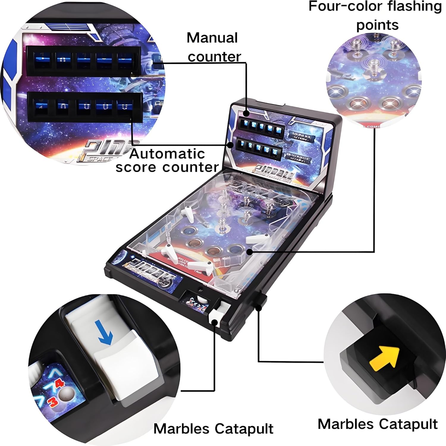 Tabletop Pinball Game - Retro Arcade Machine with Lights, Sounds and Scoreboard, 1-2 Player Mini Pinball for Ages 4+