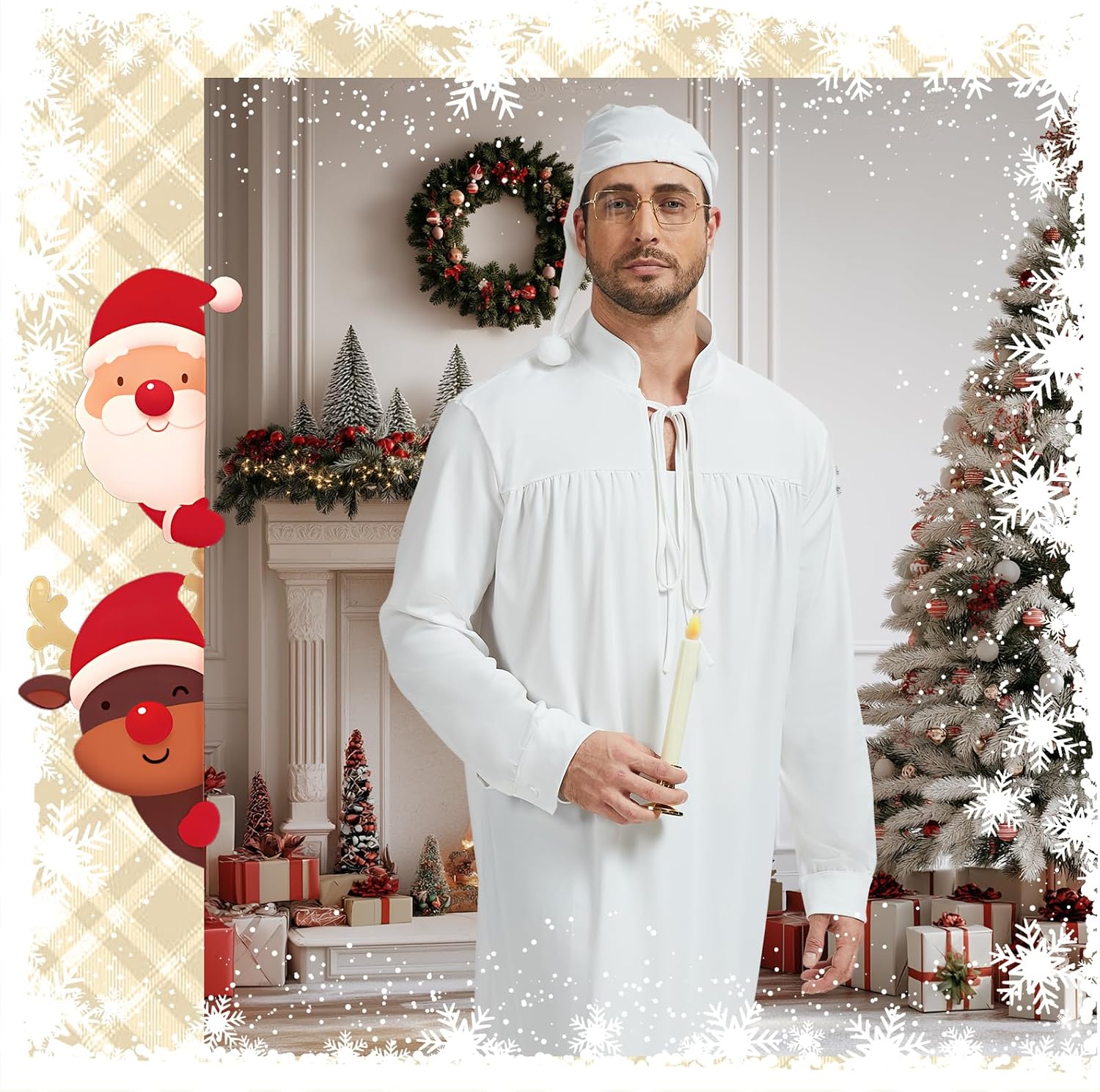 4Pcs Funny Men Pajama Set with Mens Nightgown Pajama Hat Glasses and Candle