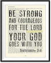 Vintage Bible Page Verse Scripture, Be Strong and Courageous - Deuteronomy 31:6 Art Print, Unframed, Christian Wall and Home Decor Poster, All Sizes