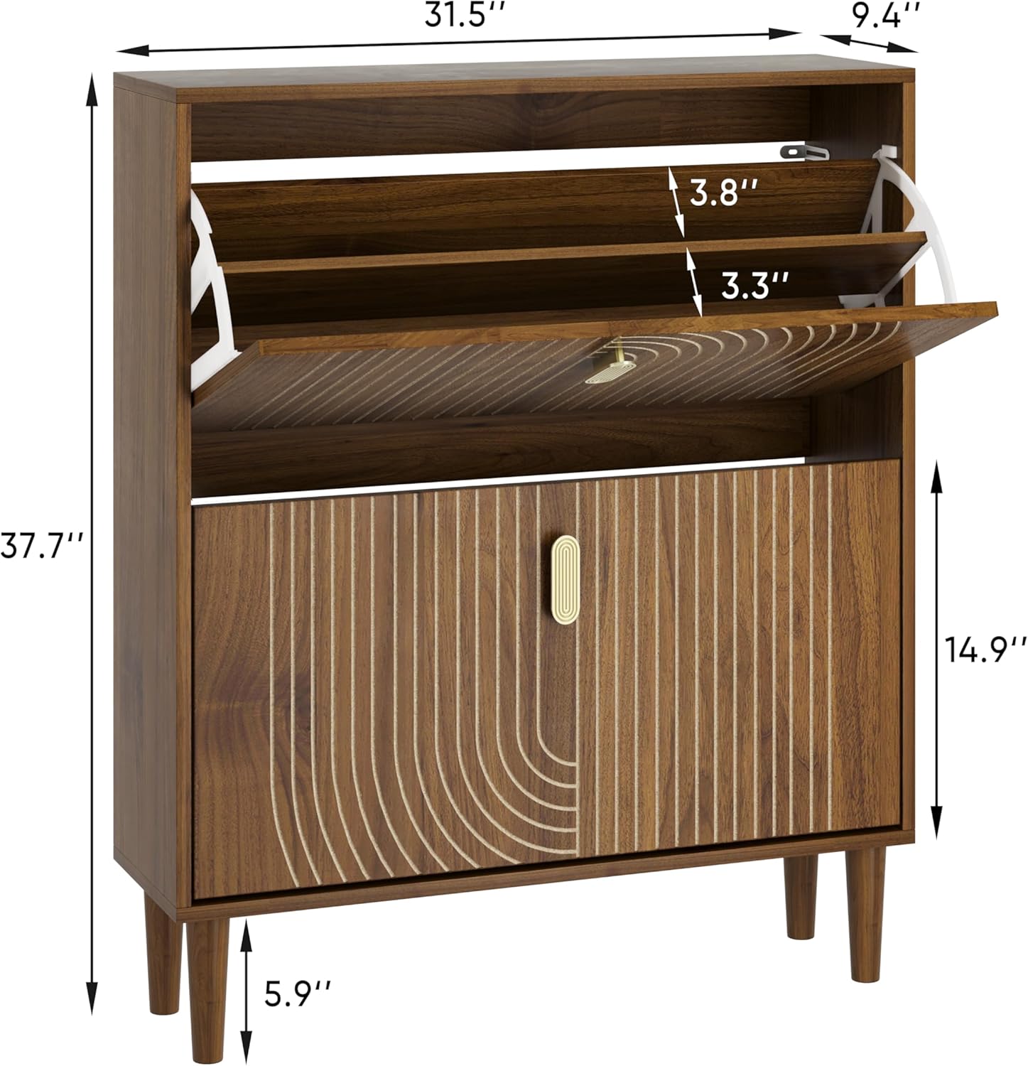 Smuxee Shoe Cabinet with 2 Flip Drawers, 31.5" Walnut Hidden Shoe Storage Cabinet with Line Groove Design, Freestanding Shoe Organizer Cabinet for Hallway, Entryway, Living Room
