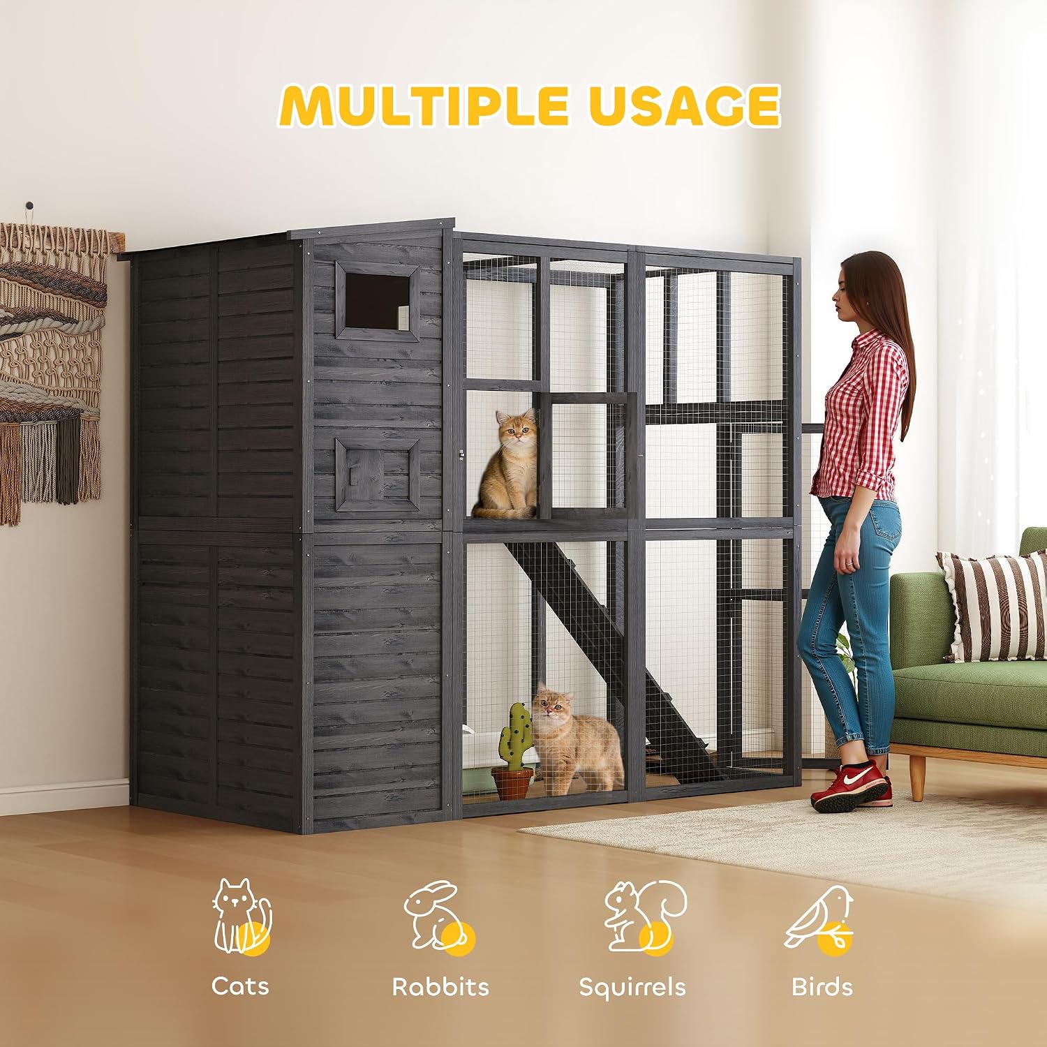PawHut Catio Outdoor Cat Enclosure, Wooden Patio Cat Window Box with Platforms, Waterproof Asphalt Roof, Ramps, 77" L, Gray