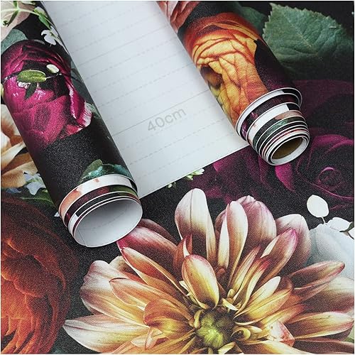 Miniatura 8 de HAOKHOME 93278 Papel tapiz floral para despegar y pegar, diseño de peonía, extraíble, negrorosaverde, papel de contacto, mural salvaje, 17.7