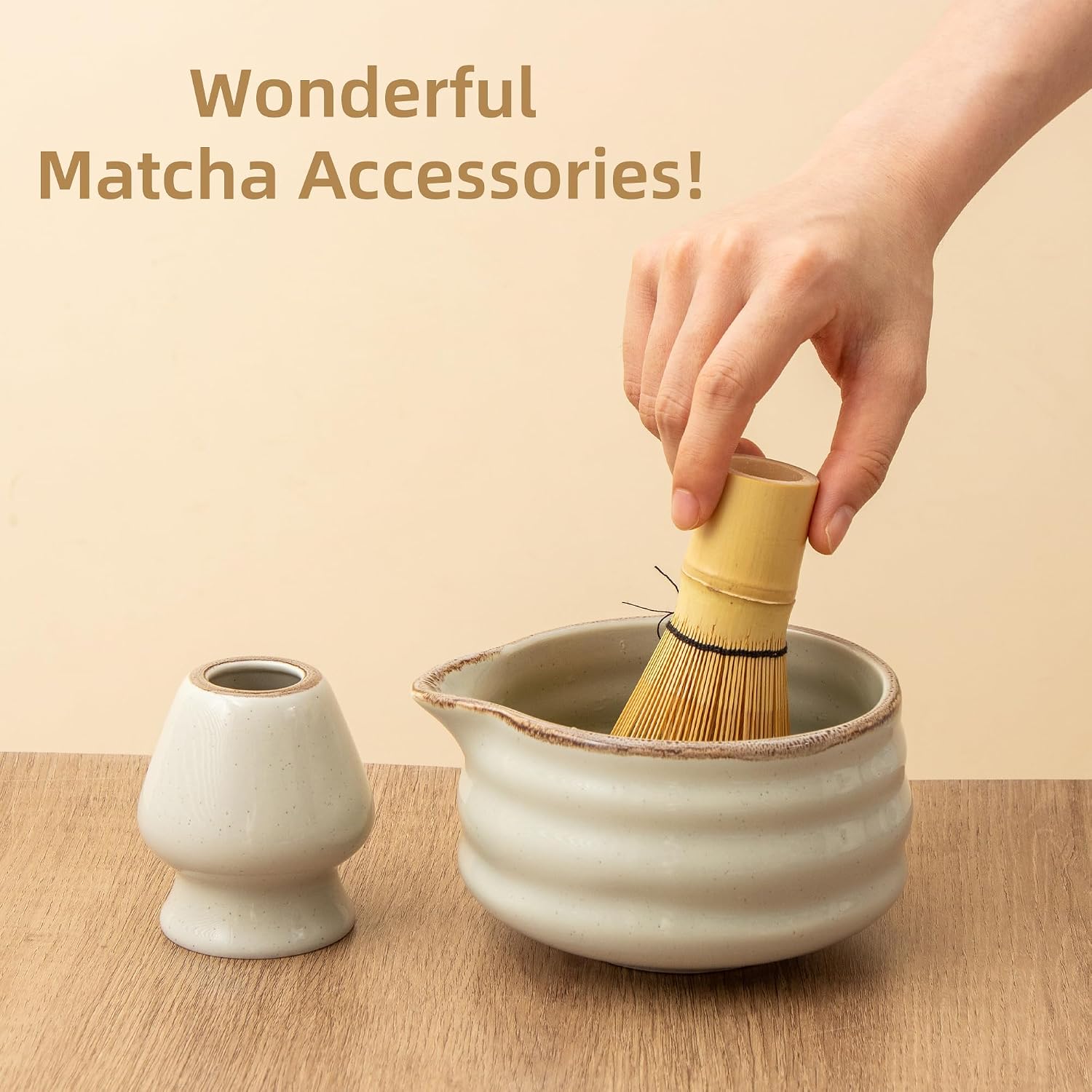 Ceramic Matcha Bowl with Bamboo Whisk Holder, Grey, Set of 2