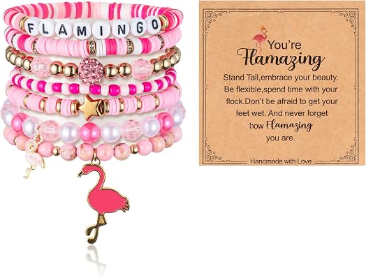 Y1tvei Pink Flamingo Bracelets Set - 8Pcs Pink Soft Pottery Gold Bead Clay Bead Bracelets with Card, Stackable Heishi Jewelry Accessory Decor Set Stylish Flamingo Gifts for Women Birthday Party