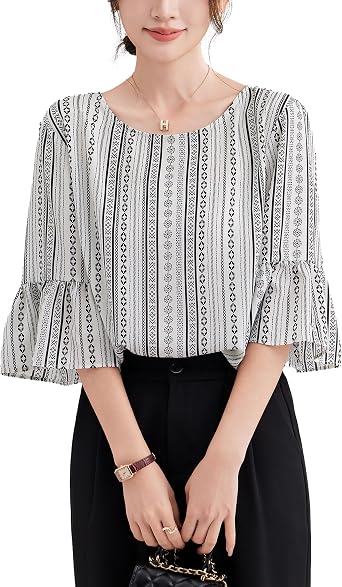 YAMANMAN Women Ruffle Short Sleeve Blouse Round Neck Printed Chiffon Shirt Wrinkle-Resistant Top Casual Loose Fitted