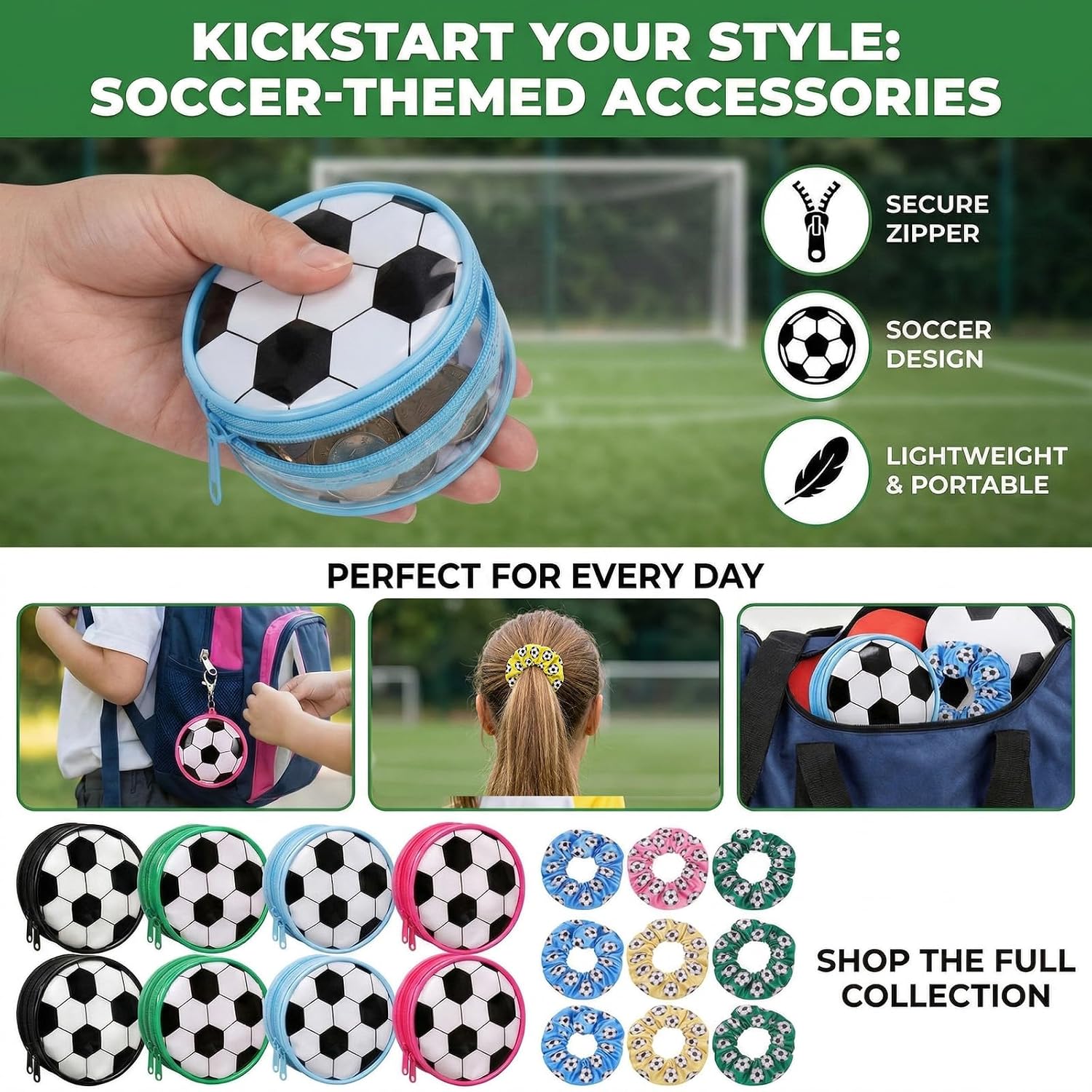 Baderke 48 Pcs Soccer Gifts for Team Party Favors Softball Goodie Bag Include 4" Mini Cosmetics Makeup Bag Hair Scrunchies Satin Ties Bracelet for Girl Woman Player Teams Gifts (Soccer, Black)