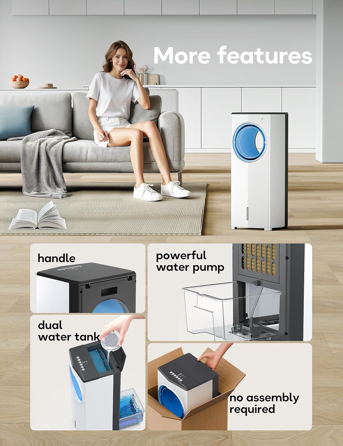 FLOWBREEZE Windowless Portable Air Conditioner, 26" Small Evaporative Air Cooler for Room No Window, 3-Speed Settings, 4 Modes, 7H Timer, Remote Control, 4 Ice Packs, Quiet AC Unit for Bedroom, Black