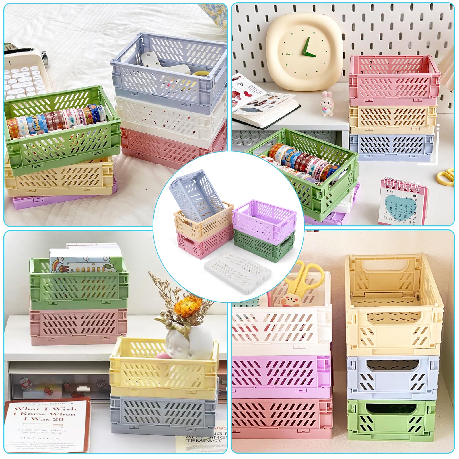 6 Piezas Caja Plegable Plastico, Pequeñas Cajas de Almacenamiento,Plegables de Plástico,Mini Caja Plegable para Frutas, Cestas Plegables para Cocina, Estudio y Oficina (15 X 9.8 X 5,7 Cm)
