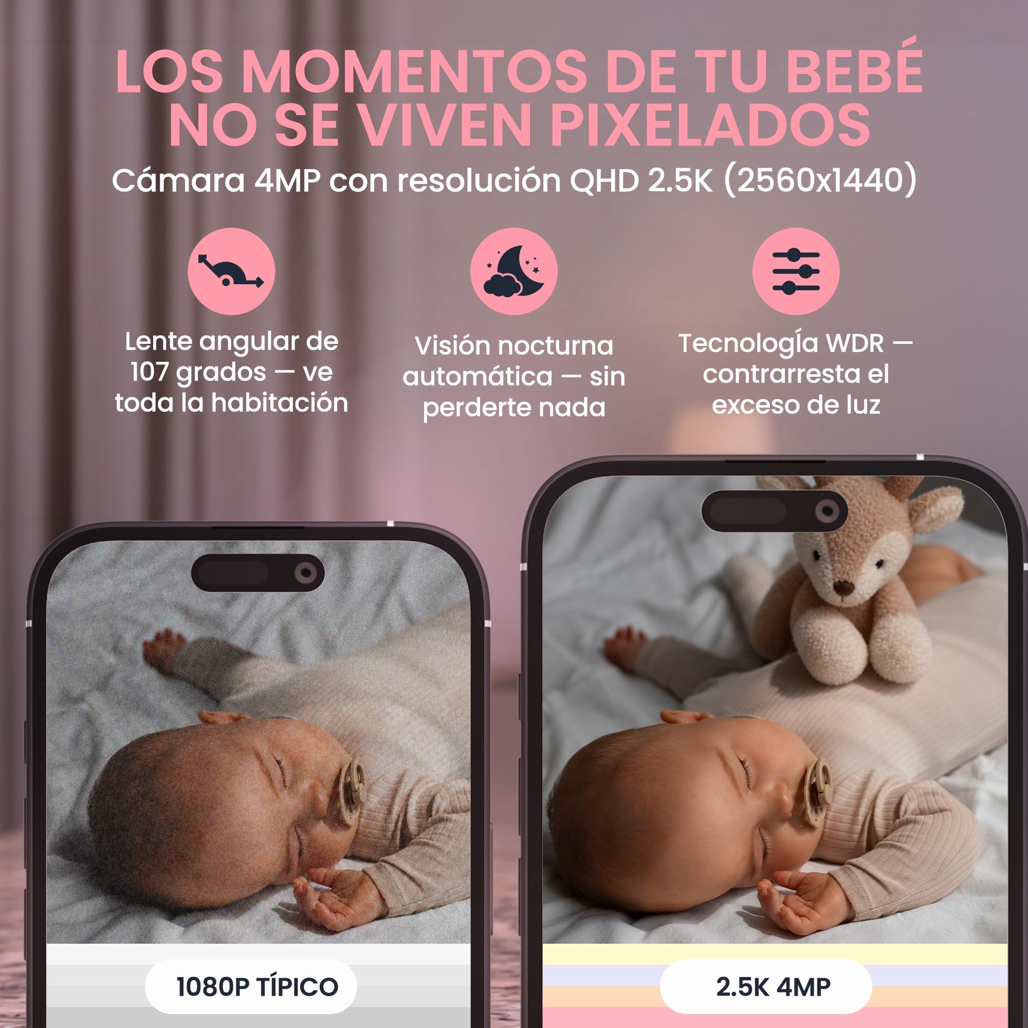 BABYSURE&CONFORT Camara Vigilancia Bebe - 4MP, Soporte Flexible y Rigido, Luz LED, Vigilabebes con Audio Bidireccional, Vision Nocturna, Alarma Llanto y Movimiento, Wi-Fi 2.4GHz Smart App móvil (Rosa)