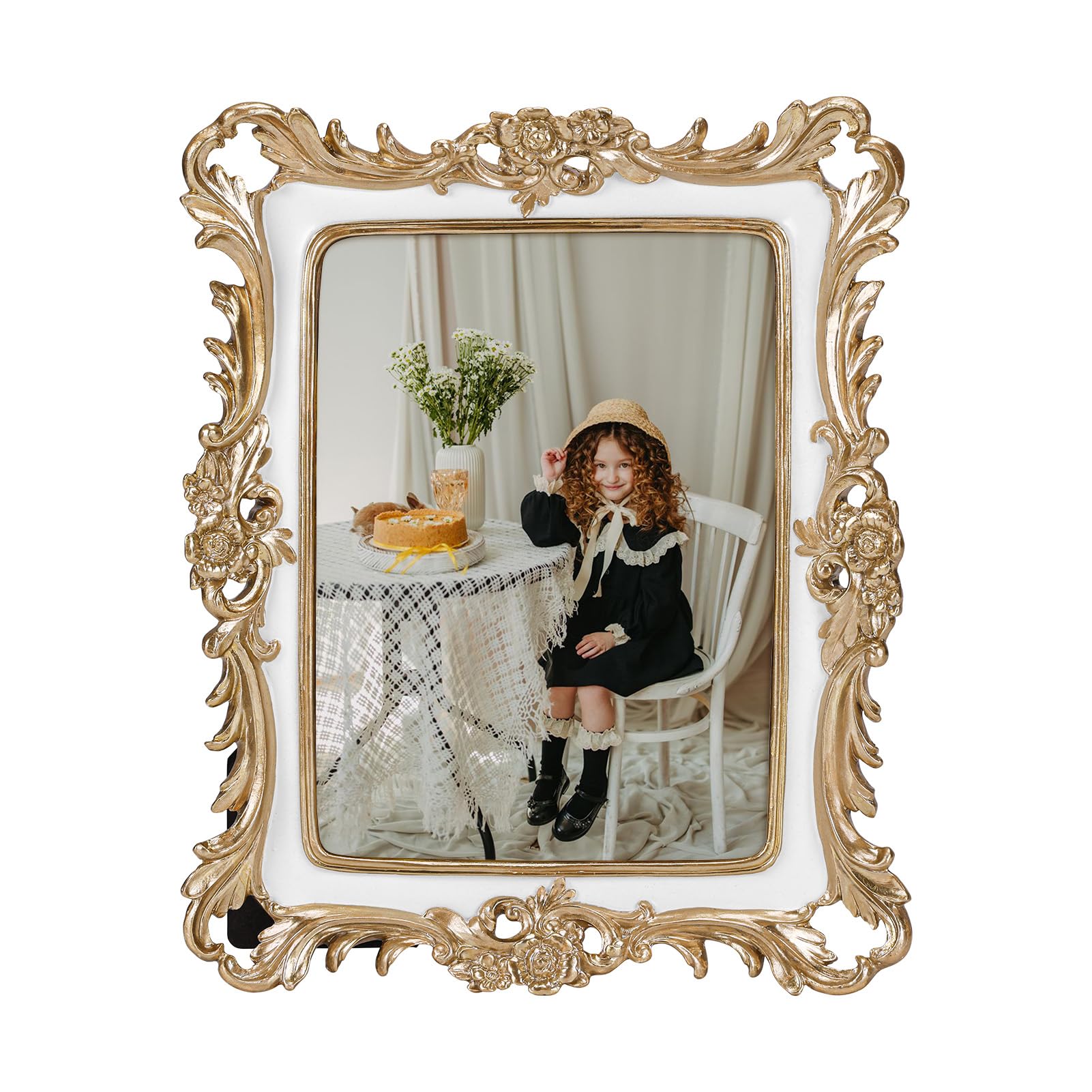 PHAREGE Porta-retrato vintage branco 12 x 18 cm com padrão dourado