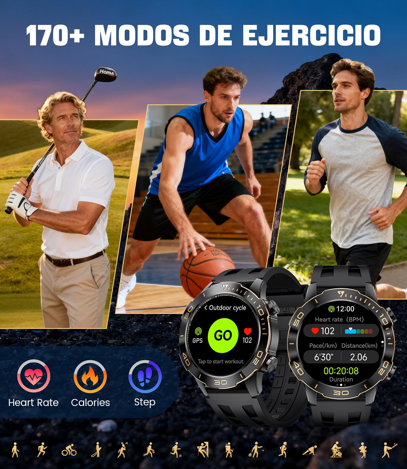 Reloj Inteligente Hombre Negocios Deportes con Llamadas, Smartwatch Hombre con 1,43'' Amoled/IP68 Impermeable/170+ Modos Deportivos/Pulsómetro/Sueño/Pulsera Actividad con iOS y Android, Negro