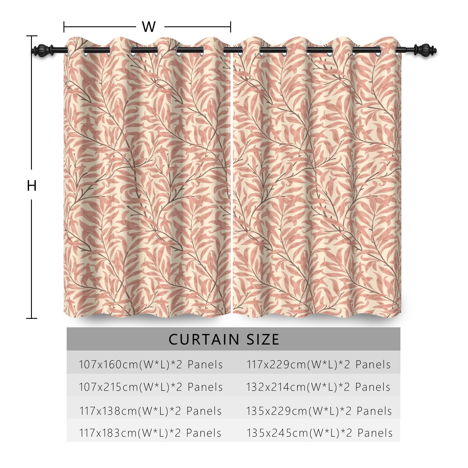 107x160cm Rideau occultant à Motif de Feuilles Plantes Roses Motif Vintage sans Couture Rideaux œillets Isolation Thermique Traitements fenêtre à œillets pour Salon Chambre 2 Panneau