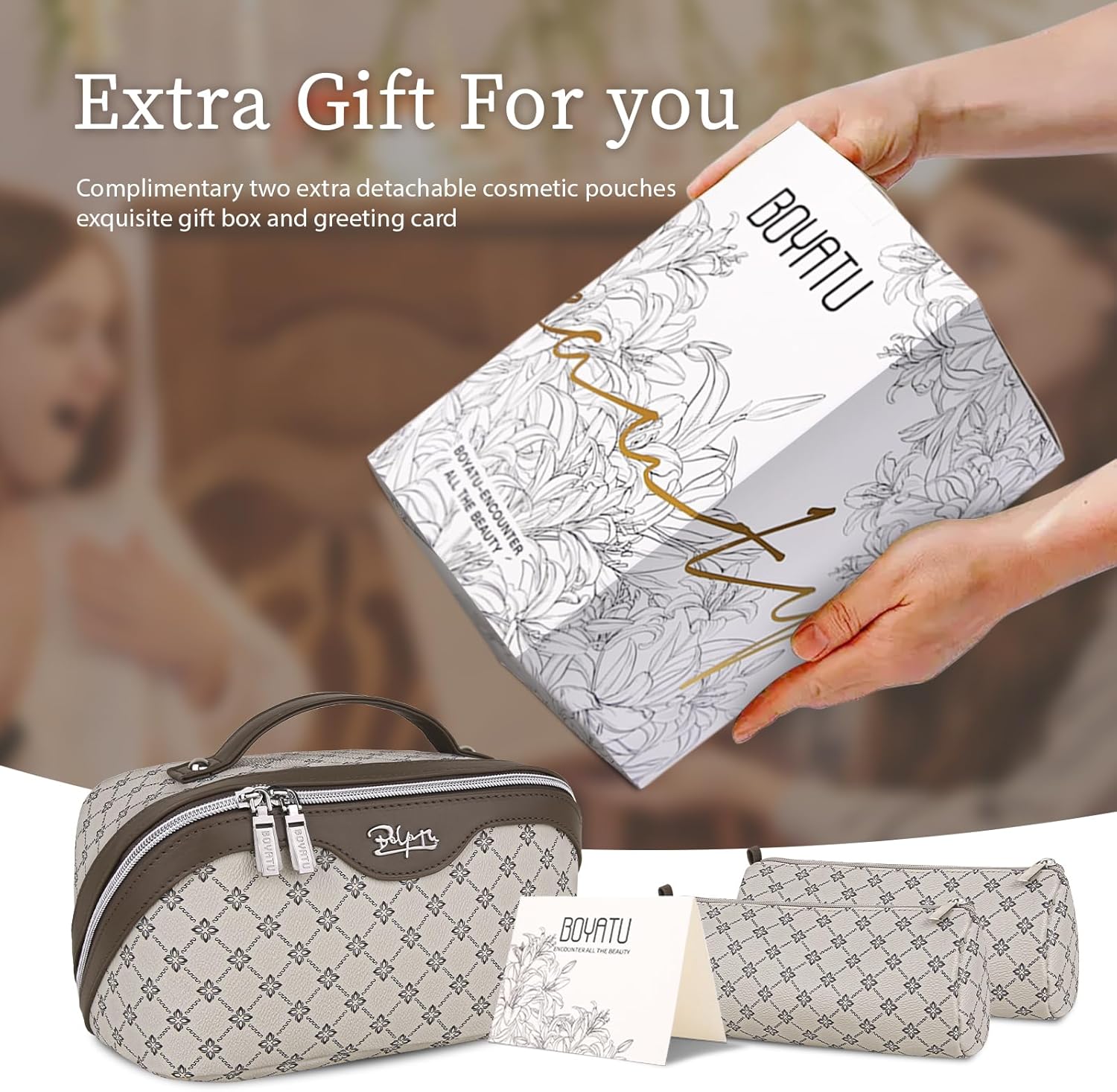 BOYATU Travel Makeup Bag Cosmetic Bags for Women: 3 Pcs Set Large Portable Make up Bag with Handle - Vegan Leather Toiletry Bags with Compartments - Makeup Organizer for Travel Essentials(A-3-Khaki) - Image 6