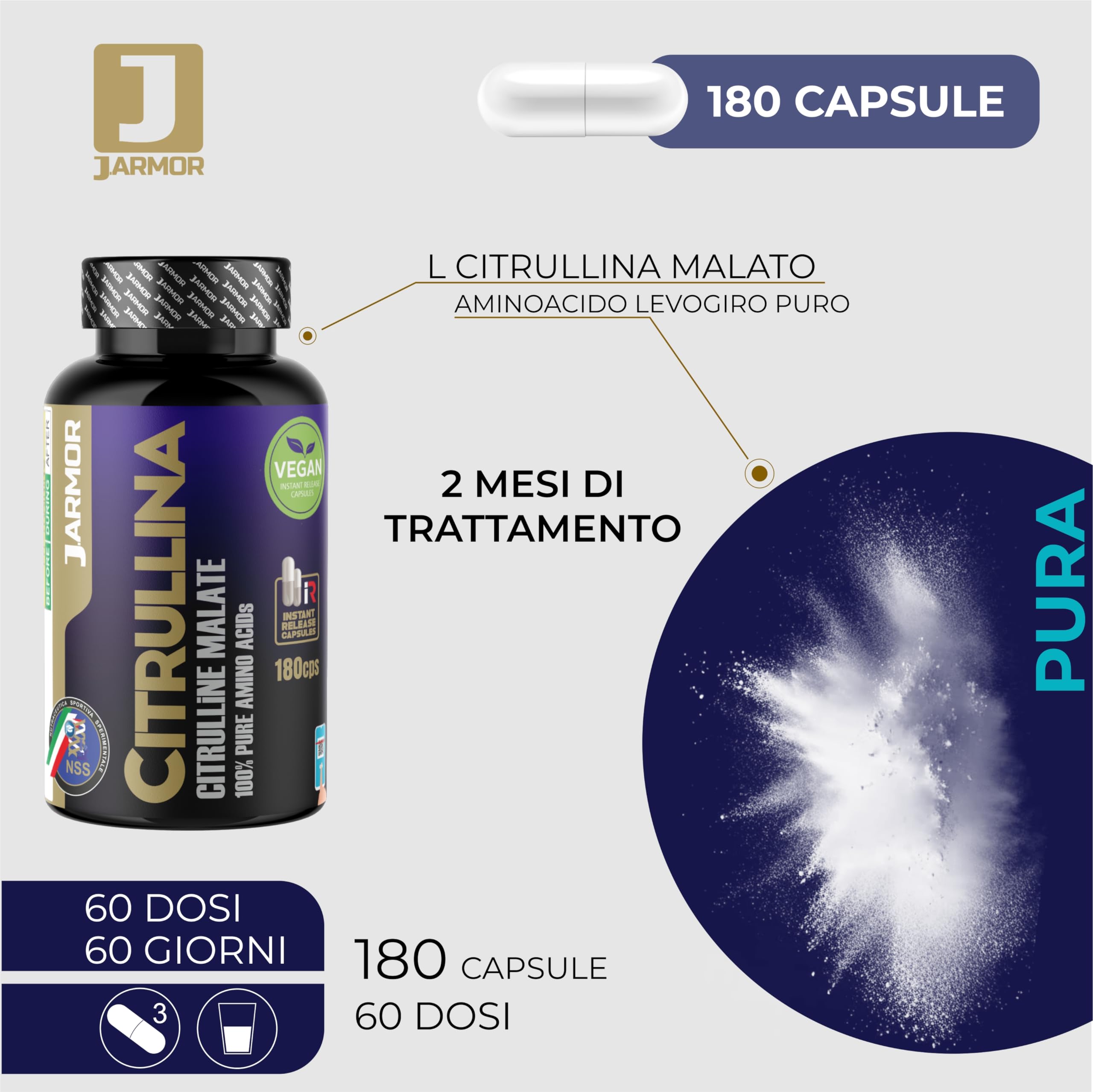 Citrullina Malato 3000mg - 180 Capsule J.Armor Pharma, L-Citrullina Pura Pre-Workout Naturale, Supporto Muscolare e Resistenza (180 CPS)