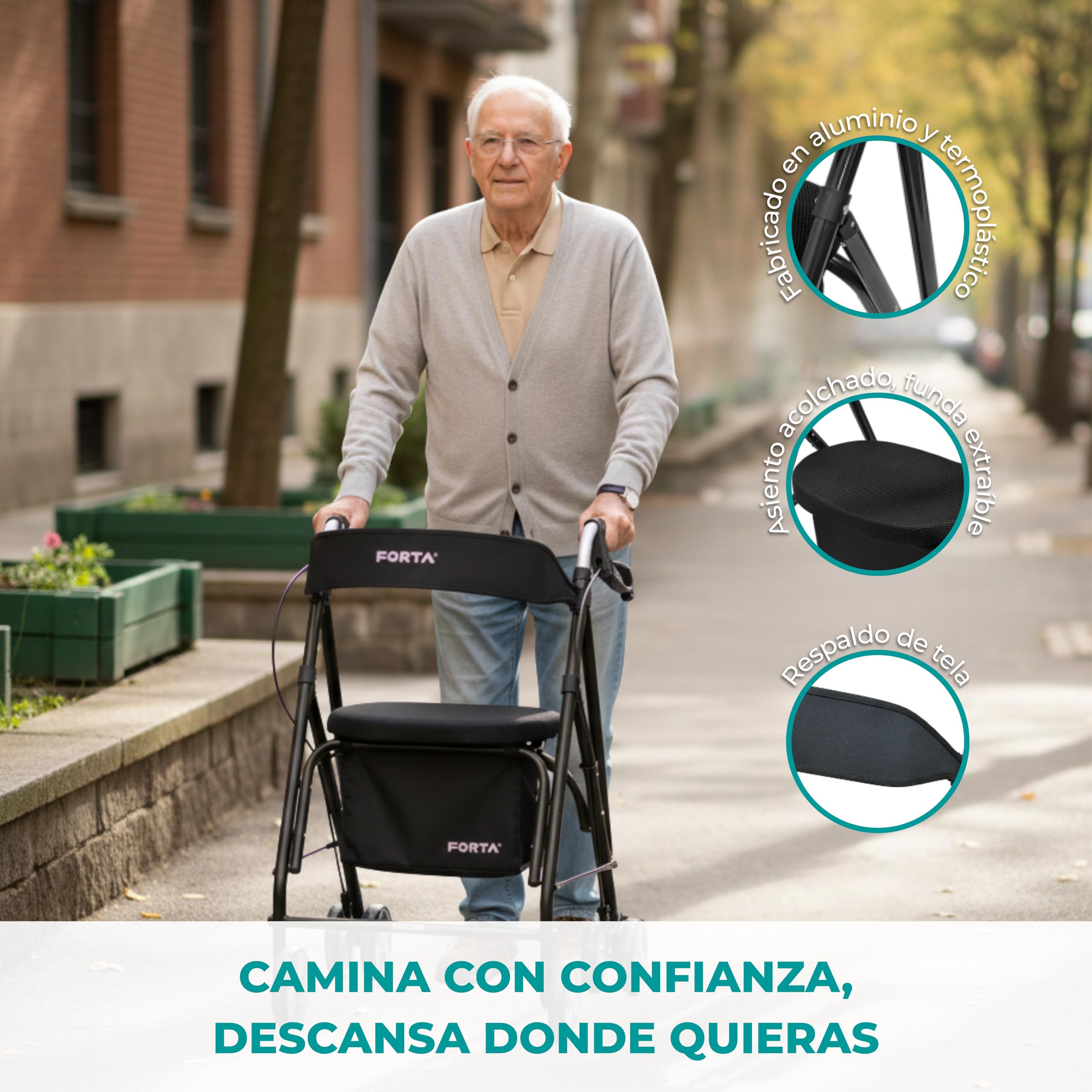 Forta Drakon 2 - Andador ligero y plegable para personas mayores - Con asiento, regulable en altura, freno de mano, para uso en exteriores - Capacidad de carga hasta 130 kg (Negro)