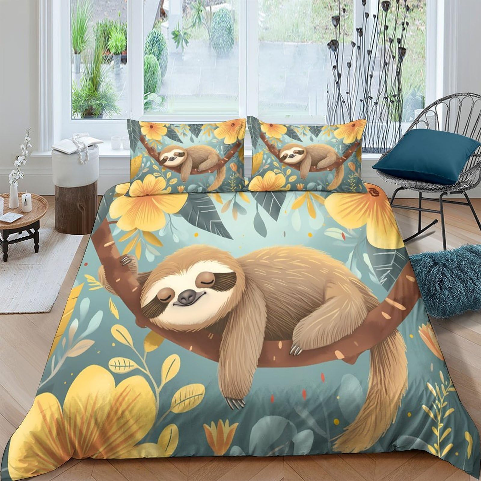 GPLZQXKJNH 3D Printed Sloth Tree Duvet Cover Microfiber Soft Breathable Floral Bedding Set with 2 Pillowcases for Bedroom Decor Single（135x200cm）
