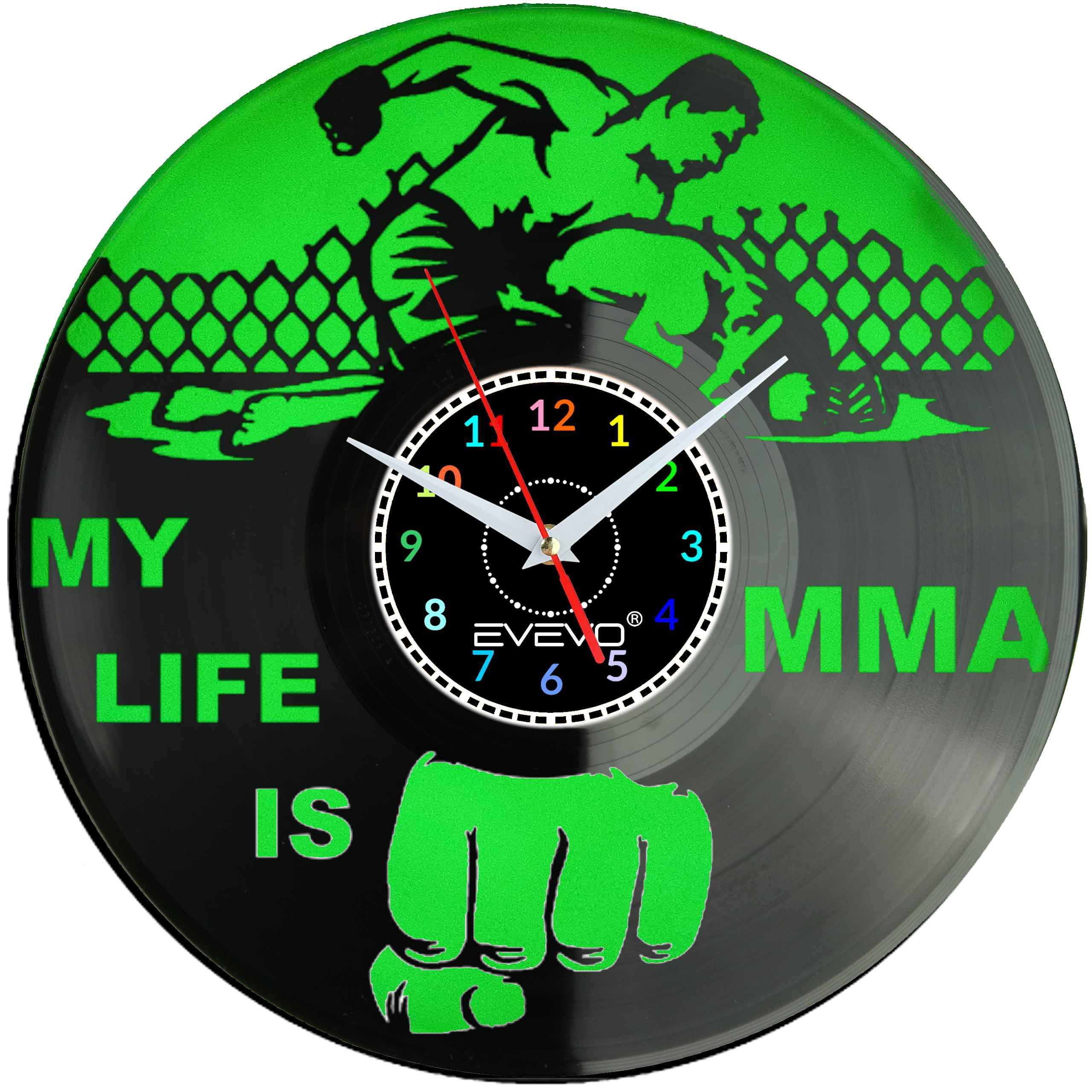 ZEGAR ŚCIENNY MY LIFE IS MMA FLUORESCENCYJNE TŁO PŁYTA WINYLOWA PREZENT UPOMINEK URODZINY GIFT SOUVENIR EVEVO F0048