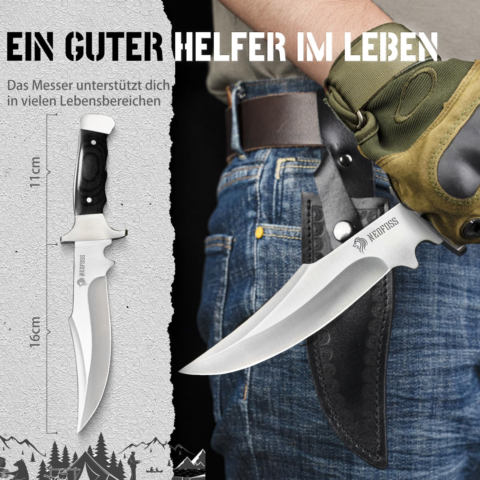 NedFoss TIGER 16CM Coltello fisso da esternoin acciaio, coltello da sopravvivenza affilato, coltello da campeggio, coltello da pesca, coltello da cespuglio, Ideale per campeggio, regali