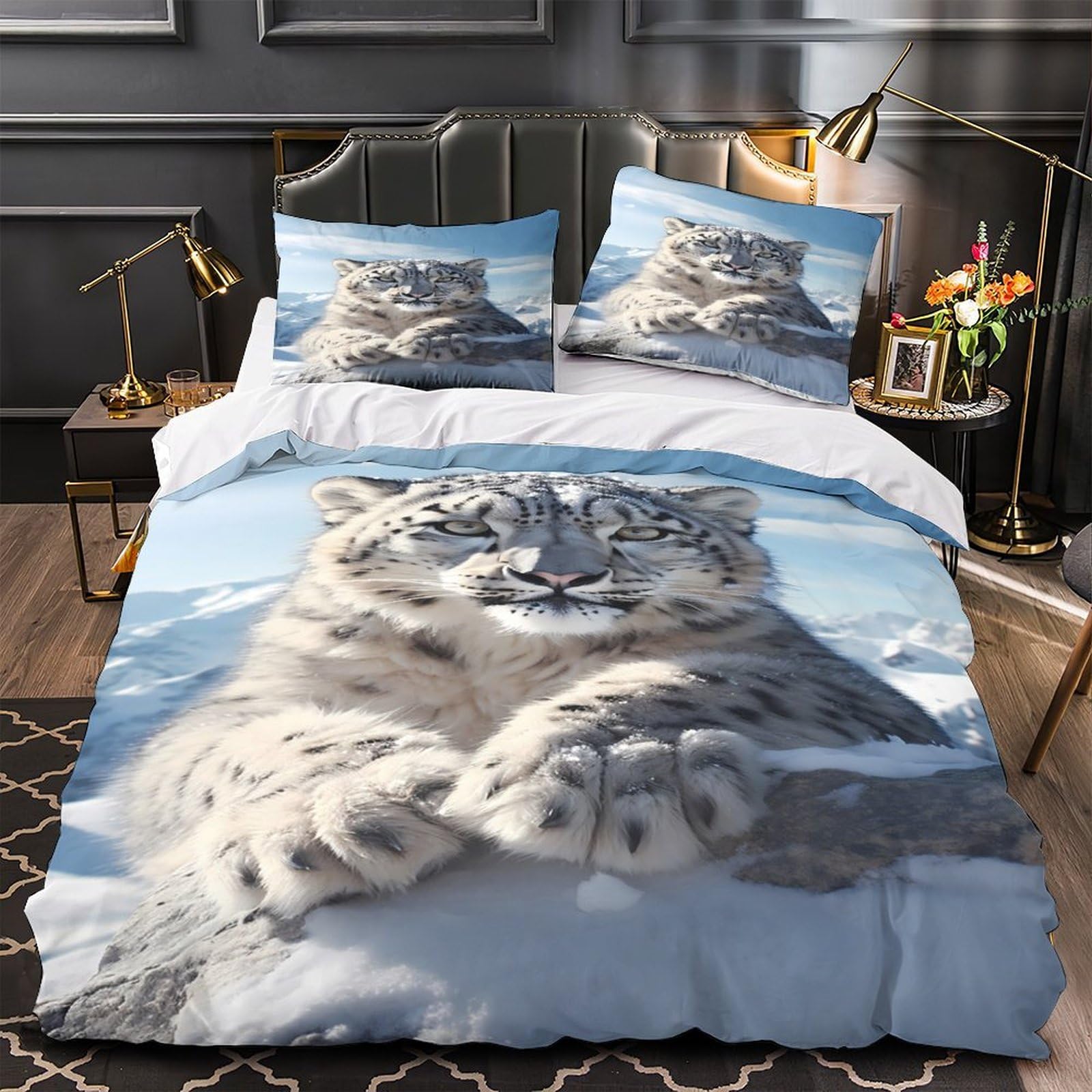 Housse de couette léopard des neiges ultra douce et facile à fermer pour lit simple