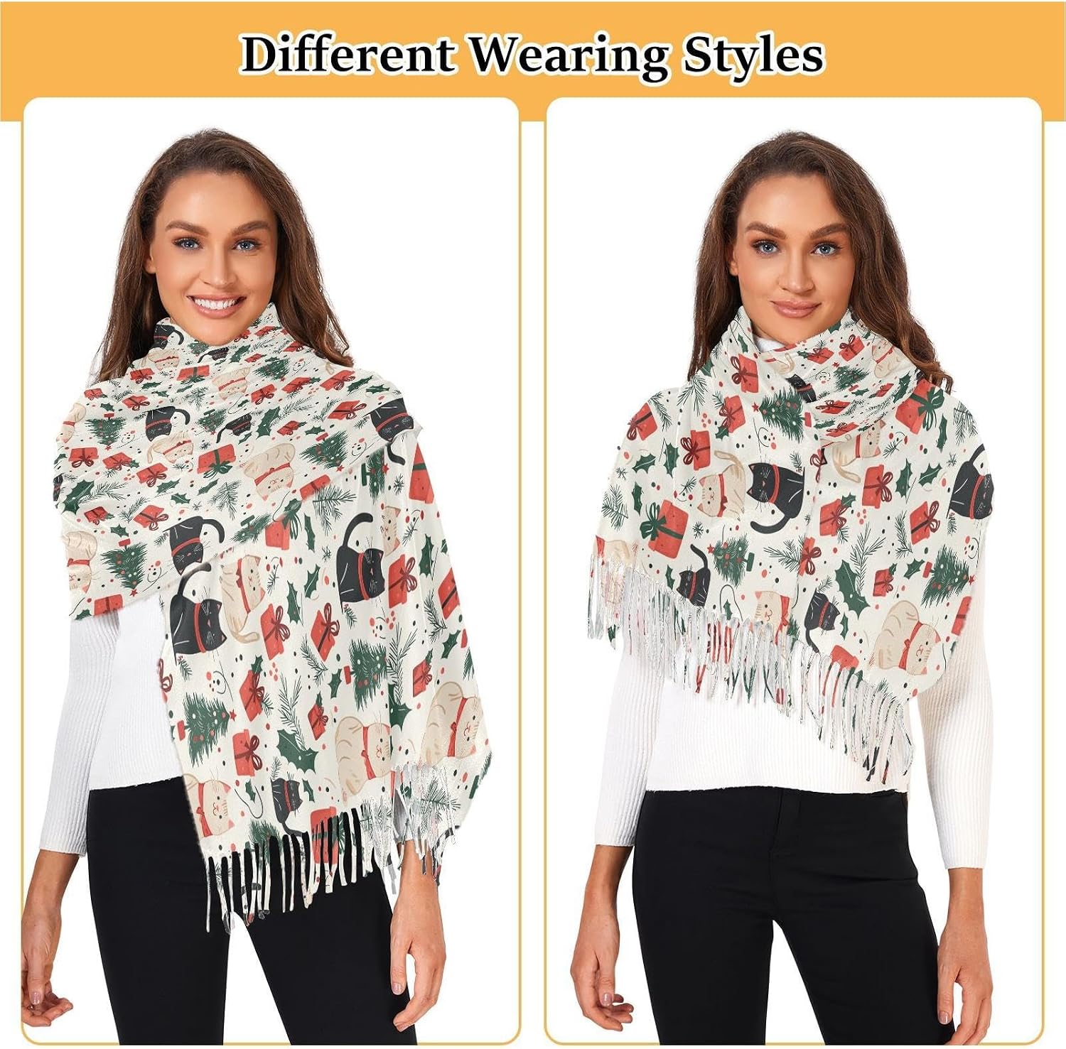 Winter Scarf for Women Cartoon Cats Christmas Gifts Fashion Tassel Shawl Wraps for Women, Cold Weather Warm Womens Scarves Soft Long Scarf Gifts