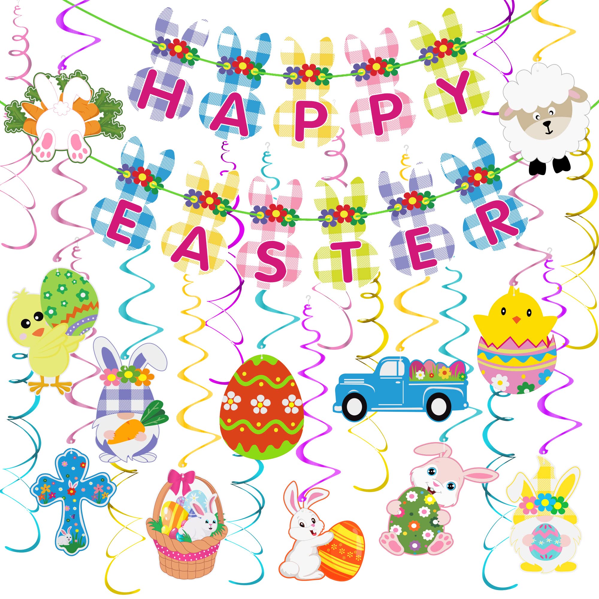 Tifeson Easter Hanging Decorations Set - 24 PCS Swirls & Banner - Easter Egg Bunny Foil Swirls for Home Office School Party