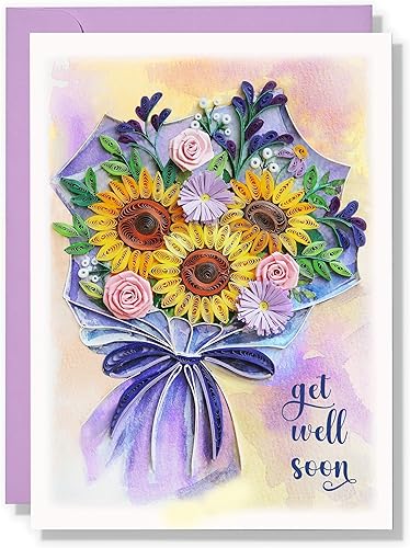 Tarjeta de felicitación Get Well Soon, tarjeta de pluma de flor, tarjeta de recuperación rápida, tarjeta de sensación mejor, tarjeta de Quilling 3D