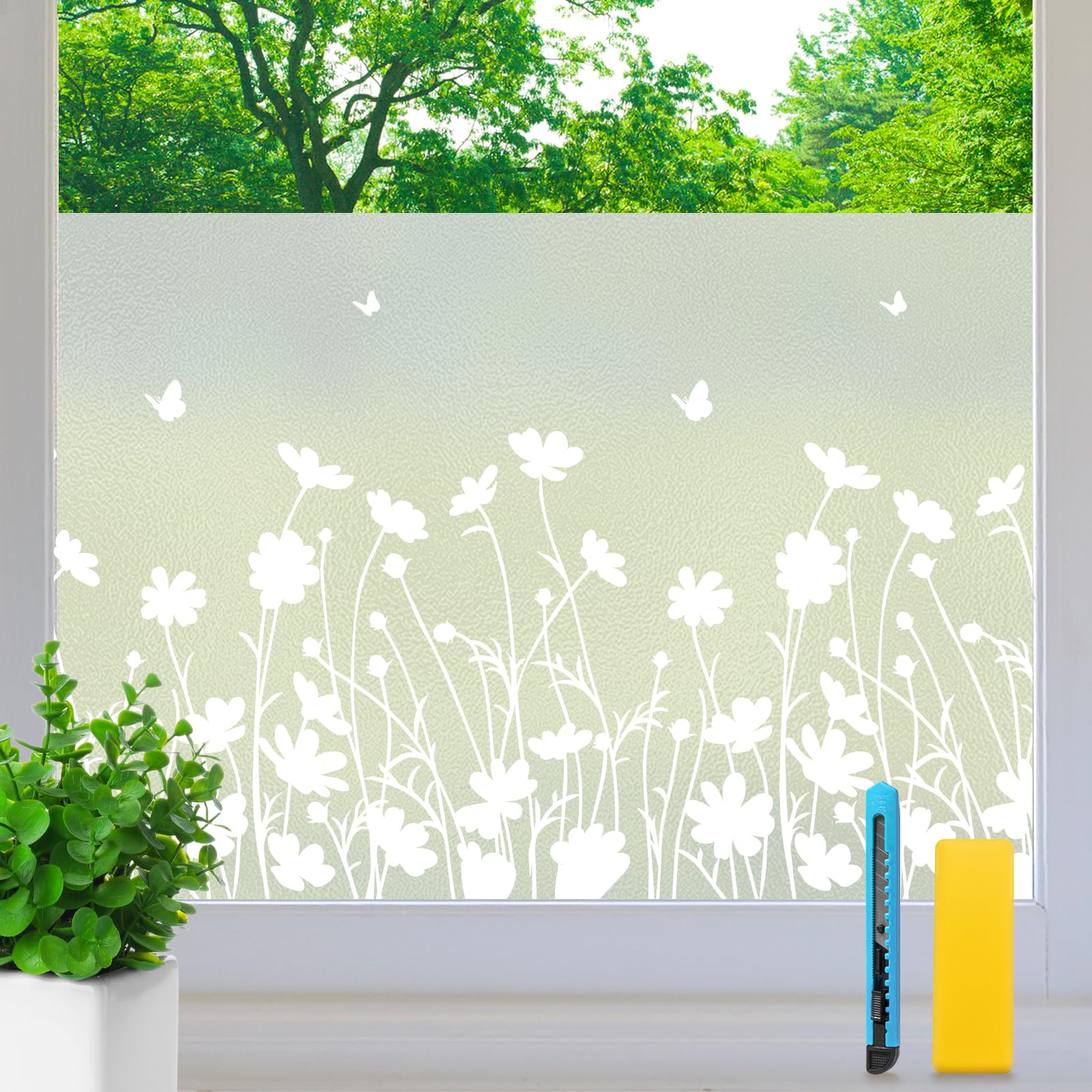 Aurathon Fensterfolie Blickdicht Sichtschutzfolie Fenster Milchglasfolie Blumenmuster mit Montagematerial Effektiver Sichtschutz Anti-UV Statische
