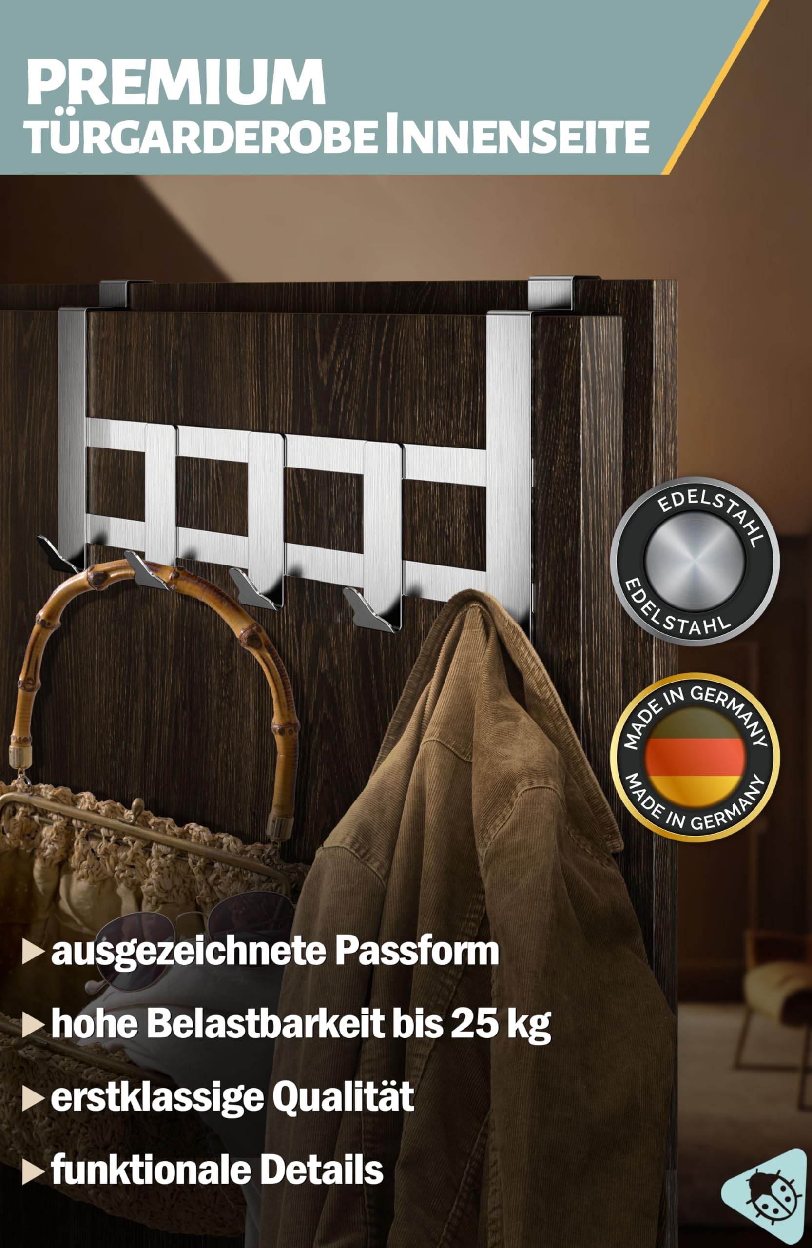 Menz Premium Türgarderobe - Edelstahl Türhakenleiste Innenseite, belastbare Türhaken zum Einhängen Tür-Rückseite - Hochwertige Türgarderobe mit 5 Haken zum Einhängen