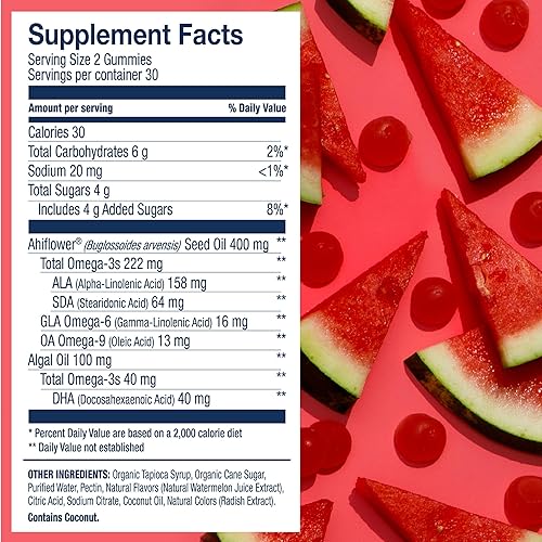 Miniatura 2 de Wiley's Finest Gomitas veganas omega-3 sin gluten, con aceite de algas y aceite de semilla Ahiflower, sabor a sandía, 60 unidades