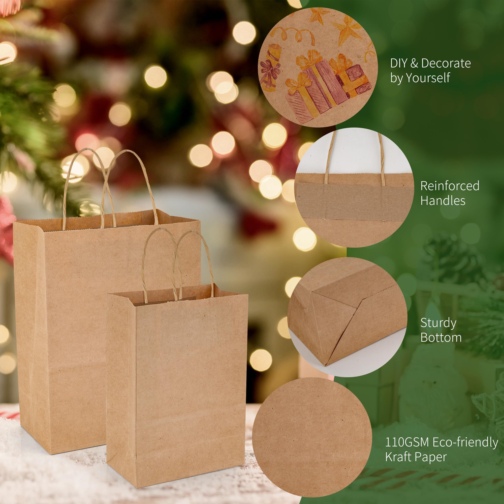 Lot de 60 sacs en papier kraft marron avec poignées, 21 x 11 x 27 cm, sacs cadeaux en papier kraft résistants pour courses, à emporter, shopping, vente au détail, entreprise, mariage, fête